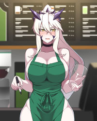 Rule 34 | 1girl, absurdres, apron, artoria pendragon (fate), artoria pendragon (lancer alter) (fate), bare shoulders, barista, blonde hair, blush, breasts, cafe, choker, cleavage, collarbone, cup, disposable cup, embarrassed, fate/grand order, fate (series), green apron, hair between eyes, highres, holding, holding pen, horns, hyperbudd, iced latte with breast milk (meme), large breasts, long hair, looking to the side, marker, meme, naked apron, open mouth, pen, ponytail, sideboob, sidelocks, solo, yellow eyes