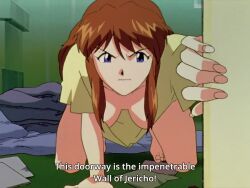 Rule 34 | 1girl, all fours, animated, anime screenshot, blue eyes, bouncing breasts, breasts, collarbone, downblouse, hanging breasts, looking at viewer, loose clothes, loose shirt, medium breasts, neon genesis evangelion, no bra, red hair, shirt, sound, souryuu asuka langley, subtitled, thighs, video, yellow shirt