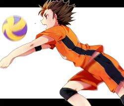 Rule 34 | 1boy, ball, brown hair, compression sleeve, feet out of frame, flying sweatdrops, haikyuu!!, letterboxed, looking at object, male focus, midriff peek, multicolored clothes, multicolored hair, multicolored shirt, multicolored shorts, nishinoya yuu, open mouth, outside border, outstretched arms, playing sports, profile, shirt, short sleeves, shorts, sideburns, solo, spiked hair, sportswear, streaked hair, sweat, sweatdrop, teeth, upper teeth only, volleyball, volleyball (object), volleyball uniform, white background, yashiro (daeki)