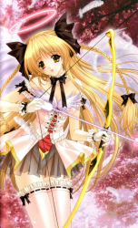 Rule 34 | 1girl, angel, angel wings, arrow (projectile), blonde hair, bow, bow (weapon), braid, choker, corset, dress, feathers, female focus, frilled thighhighs, frills, gloves, hair bow, hair ribbon, halo, highres, kimizuka aoi, long hair, lost passage, miniskirt, nature, off shoulder, orange eyes, outdoors, panties, pink dress, pink thighhighs, pleated skirt, ribbon, scan, see-through, short dress, skirt, solo, thigh gap, thighhighs, thighs, twin braids, underwear, very long hair, weapon, white panties, wings, zettai ryouiki