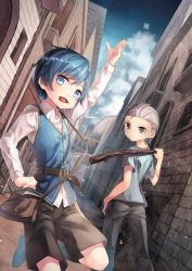 Rule 34 | 2boys, alley, arm up, bad id, bad pixiv id, belt, blue eyes, blue hair, child, city, cloud, dutch angle, fantasy, hair slicked back, highres, light particles, looking at viewer, looking back, multiple boys, open mouth, original, pouch, saraki, short hair, shorts, grey eyes, silver hair, sky, smile, standing, standing on one leg, stick, vanishing point, vest
