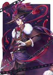 Rule 34 | 1boy, :d, absurdres, alcohol, belt, brown hat, cape, chain, flower, food fantasy, fur trim, gloves, hair between eyes, hat, hat feather, hat flower, highres, holding, holding sword, holding weapon, long hair, looking at viewer, male focus, mask, mask on hat, open mouth, pointy ears, purple background, purple cape, purple eyes, purple hair, red wine (food fantasy), rose, sheath, simple background, smile, solo, standing, suzusiro, sword, unworn mask, very long hair, weapon, white gloves, white neckwear, wine