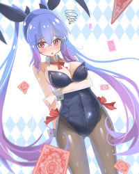 Rule 34 | 1girl, ace (playing card), ace of hearts, animal ears, argyle, argyle background, argyle clothes, bare shoulders, between breasts, black leotard, black pantyhose, blue hair, blurry, blurry foreground, blush, breast hold, breasts, card, cleavage, collarbone, commentary, cowboy shot, detached collar, fake animal ears, gluteal fold, hair between eyes, hair ribbon, heart, highleg, highleg leotard, highres, isei sei, legs apart, leotard, long hair, looking at viewer, loose necktie, multicolored hair, necktie, open mouth, original, pantyhose, playboy bunny, playing card, purple hair, red eyes, ribbon, side-tie leotard, solo, strapless, strapless leotard, streaked hair, sweat, twintails, two-tone hair, wrist cuffs