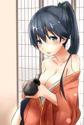 Rule 34 | 10s, 1girl, :d, absurdres, alcohol, bare shoulders, black hair, blue eyes, blue hair, blush, bottle, breasts, cleavage, collarbone, colored eyelashes, from side, hair ribbon, high ponytail, highres, holding, houshou (kancolle), indoors, japanese clothes, kantai collection, kimono, large breasts, lipstick, long hair, long sleeves, looking at viewer, makeup, matching hair/eyes, no bra, off shoulder, open mouth, ponytail, ribbon, sake, saku (kudrove), shouji, sketch, skirt, sliding doors, smile, solo, tokkuri, upper body, very long hair, wide sleeves