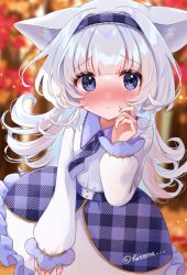 Rule 34 | 1girl, animal ear fluff, animal ears, blue eyes, blue hairband, blurry, blurry background, blush, closed mouth, collared shirt, commentary request, commission, depth of field, dress shirt, grey hair, hairband, hand up, long hair, long sleeves, looking at viewer, masshirokachi, nose blush, original, plaid, puffy long sleeves, puffy sleeves, shirt, skeb commission, skirt, solo, twitter username, very long hair, white shirt, white skirt