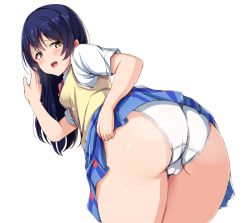 Rule 34 | 1girl, ass, ass focus, bent over, blue hair, blush, cleft of venus, commentary request, from behind, hair between eyes, highres, huge ass, long hair, looking at viewer, looking back, love live!, love live! school idol project, open mouth, otonokizaka school uniform, panties, school uniform, shinonon (iso shino), shirt, simple background, solo, sonoda umi, summer uniform, sweater vest, swept bangs, underwear, white background, white shirt, yellow eyes