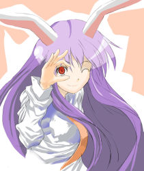 Rule 34 | 1girl, ;), animal ears, closed mouth, collared shirt, female focus, long hair, long sleeves, looking at viewer, necktie, one eye closed, purple hair, rabbit ears, red necktie, reisen udongein inaba, shirt, smile, solo, touhou, upper body, white shirt, wink, yohane