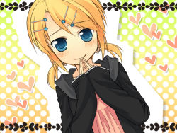 Rule 34 | 1girl, blonde hair, blue eyes, blush, chu! shite! (vocaloid), dutch angle, hair ornament, hairclip, kagamine rin, low twintails, no nose, own hands together, polka dot, polka dot background, short twintails, smile, solo, tamura hiro, twintails, upper body, vocaloid