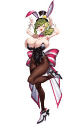 :d animal_ears black_hat black_leotard breasts brown_pantyhose bursting_breasts cleavage drill_hair erato_(last_origin) fake_animal_ears full_body green_hair hat highres kirome_(kamipaper) large_breasts last_origin leotard looking_at_viewer official_alternate_costume official_art open_mouth pantyhose playboy_bunny purple_eyes rabbit_ears shoes simple_background smile standing standing_on_one_leg twin_drills white_background white_shoes