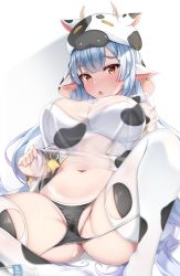 Rule 34 | 1girl, :o, absurdres, animal costume, animal ears, animal print, ass, bare shoulders, bikini, bikini top only, black panties, blue hair, blunt bangs, blush, bottle, breasts, catura (granblue fantasy), cleavage, clothes tug, commentary, cow costume, cow ears, cow girl, cow hat, cow hood, cow horns, cow print, cow tail, detached sleeves, draph, ear piercing, granblue fantasy, groin, highres, horns, large breasts, lomocya, long hair, looking at viewer, midriff, milk, milk bottle, navel, panties, piercing, pointy ears, see-through, shadow, sidelocks, simple background, sitting, solo, stained panties, suggestive fluid, sweat, swimsuit, tail, thighhighs, underwear, wet, white background, white bikini, white thighhighs