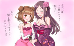 Rule 34 | 2girls, :d, bare shoulders, beatrice (princess principal), blunt bangs, blush, breasts, brown eyes, brown hair, choko (cup), closed eyes, cup, detached sleeves, dorothy (princess principal), double bun, dress, drunk, elbow gloves, floral print, flower, gloves, hair bun, hair flower, hair ornament, long hair, medium breasts, monta, multiple girls, open mouth, pink background, pink dress, pink neckwear, princess principal, short hair, small breasts, smile, standing, tokkuri, translation request, yuri