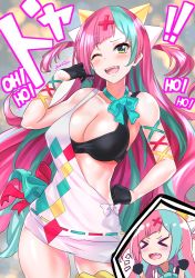 Rule 34 | &gt; &lt;, 1girl, absurdres, alternate breast size, blush, bra, breasts, cleavage, collarbone, commentary, fang, gloves, green eyes, hair ribbon, highres, large breasts, laughing, long hair, looking at viewer, multicolored hair, nez-box, one eye closed, pinky pop hepburn, ribbon, shirt, sleeveless, sleeveless shirt, solo, sports bra, the moon studio, underwear, virtual youtuber