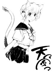 Rule 34 | animal ears, cat ears, cat tail, greyscale, iizuki tasuku, monochrome, original, school uniform, serafuku, solo, tail