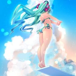 Rule 34 | 1girl, aqua eyes, aqua hair, barefoot, bikini, blue sky, cloud, commentary, diving board, el quijote, from below, hatsune miku, headphones, headset, long hair, open hands, outstretched arms, side-tie bikini bottom, sky, solo, striped bikini, striped clothes, swimsuit, twintails, vocaloid