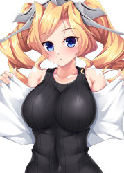 Rule 34 | 1girl, absurdres, black shirt, blue eyes, breasts, collarbone, drill hair, headgear, highres, honolulu (kancolle), kantai collection, large breasts, ruin re birth, shirt, simple background, sleeveless, sleeveless shirt, solo, twin drills, upper body, white background