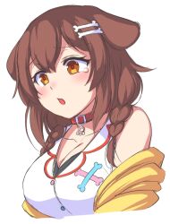 Rule 34 | 1girl, animal collar, animal ears, blush, bone hair ornament, braid, breasts, brown eyes, brown hair, cartoon bone, collar, collarbone, cropped torso, dog ears, dog girl, dress, hair between eyes, hair ornament, hairclip, hololive, inugami korone, inugami korone (1st costume), jacket, large breasts, long hair, low twin braids, noise (tsuzuki), off shoulder, open clothes, open jacket, open mouth, red collar, sleeveless, sleeveless dress, tearing up, twin braids, virtual youtuber, white background, white dress, yellow jacket