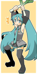 Rule 34 | armpits, bad id, bad pixiv id, blue eyes, blue hair, boots, detached sleeves, dual wielding, hatsune miku, holding, long hair, necktie, nu tarou, skirt, solo, spring onion, thigh boots, thighhighs, twintails, very long hair, vocaloid