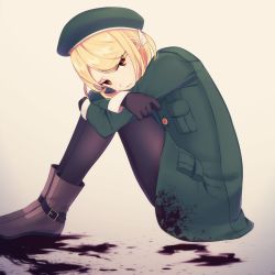 Rule 34 | 1girl, beret, black pantyhose, blonde hair, blood, blood on clothes, boots, coat, crying, fate/grand order, fate (series), from side, giant, giantess, green coat, hat, highres, hugging own legs, ikasumi kurou, legs together, looking at viewer, orange eyes, pantyhose, paul bunyan (fate), short hair, sitting, solo, tears