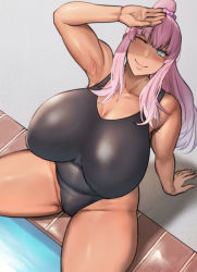Rule 34 | 1girl, arm up, armpits, blue eyes, blush, breasts, cleavage, curvy, highres, huge breasts, long hair, one eye closed, pepe (jonasan), pink hair, sitting, smile, solo, swimsuit, tagme, thick thighs, thighs