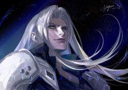 Rule 34 | 1boy, armor, chest strap, commentary, dated, english commentary, english text, evil smile, final fantasy, final fantasy vii, green eyes, grey hair, high collar, highres, long hair, looking to the side, male focus, moyna, night, night sky, outdoors, pauldrons, sephiroth, shoulder armor, signature, sky, slit pupils, smile, solo, upper body