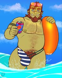 Rule 34 | 1boy, alternate costume, bara, beach, beard, belly, blue male swimwear, brown hair, chest hair, colored skin, covered penis, eyewear on head, facial hair, feet out of frame, full beard, green skin, hairy, highres, holding, holding swim ring, innertube, large pectorals, looking at viewer, male focus, male pubic hair, male swimwear, mature male, medium hair, monster boy, multicolored male swimwear, muscular, muscular male, navel hair, onlytusks, orc, original, pectorals, pointy ears, pubic hair, smile, solo, standing, sunglasses, swim briefs, swim ring, thick beard, thick eyebrows, thick thighs, thighs, topless male, tusks, unconventional male swimwear, wading, white male swimwear, zorg (onlytusks)