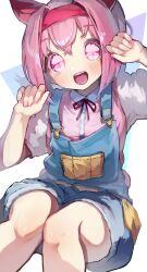 Rule 34 | 1girl, animal ears, black ribbon, blue overalls, casual, collared shirt, commentary, hairband, haru urara (umamusume), highres, horse ears, horse girl, looking at viewer, neck ribbon, open mouth, overall shorts, overalls, pink eyes, pink hair, red hairband, ribbon, shirt, short sleeves, simple background, smile, solo, tamukoro, umamusume, white background, white shirt