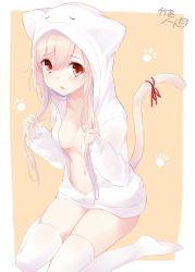 Rule 34 | 1girl, animal hood, bad id, bad twitter id, blonde hair, bottomless, breasts, cat tail, cleavage, hood, medium breasts, navel, no bra, open clothes, original, parted lips, red eyes, ribbon, sidelocks, sitting, solo, tail, tail ornament, tail ribbon, takehana note, tears, thighhighs, wariza, white thighhighs
