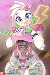 Rule 34 | artificial vagina, beak, bird girl, blue eyes, bow, breasts, chica, commentary, earrings, english commentary, english text, five nights at freddy&#039;s, five nights at freddy&#039;s: security breach, flying sweatdrops, furry, furry female, glamrock chica, hair bow, hands on own chest, hazard stripes, highres, jewelry, joints, lipstick, makeup, mechanical parts, mechanical pussy, neon lights, patreon username, robot, robot girl, robot joints, see-through, see-through body, sex toy, shepherd0821, studded bracelet, sweatdrop, white hair, x-ray