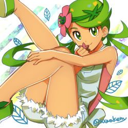 Rule 34 | 1girl, closed mouth, commentary request, creatures (company), dark-skinned female, dark skin, flower, game freak, green eyes, green footwear, green hair, green headband, grey overalls, headband, holding, holding flower, kanimaru, leaf, long hair, mallow (pokemon), nintendo, overall shorts, overalls, pink flower, pink shirt, pokemon, pokemon (anime), pokemon sm (anime), shirt, shoes, smile, solo, swept bangs, twintails
