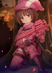 Rule 34 | 1girl, animal ears, animal hat, black footwear, blush, boots, brown eyes, brown hair, bullpup, closed mouth, cloud, cloudy sky, commentary, cross-laced footwear, frying pan, gloves, gun, hat, highres, holding, holding gun, holding weapon, jacket, kazenokaze, lace-up boots, llenn (sao), on one knee, outdoors, p-chan (p90), p-chan (sao), p90, pants, personal defense weapon, pink gloves, pink hat, pink jacket, pink pants, rabbit ears, rabbit hat, sky, solo, submachine gun, sword art online, sword art online alternative: gun gale online, tree, v-shaped eyebrows, weapon