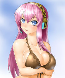 Rule 34 | 1girl, bikini, blue eyes, breast hold, breasts, brown bikini, cleavage, face, frilled bikini, frills, front-tie top, headset, highres, large breasts, long hair, looking at viewer, megurine luka, onsoku inu, pink hair, project diva, project diva (series), solo, swimsuit, vocaloid