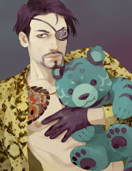 Rule 34 | 1boy, black gloves, black hair, chain necklace, chest tattoo, collarbone, eyepatch, facial hair, gloves, goatee, holding, holding stuffed toy, jacket, jewelry, looking at viewer, majima goro, male focus, necklace, nipples, one-eyed, open clothes, paexie, ryuu ga gotoku (series), short hair, simple background, snake print, solo, stuffed toy, tattoo, yakuza