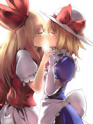 Rule 34 | 2girls, blonde hair, blue dress, bow, couple, culter, dress, elbow gloves, ellen (touhou), closed eyes, female focus, gloves, hair bow, holding hands, hat, highres, incest, interlocked fingers, kana anaberal, kiss, multiple girls, own hands together, phantasmagoria of dim.dream, red dress, siblings, touhou, touhou (pc-98), white gloves, yuri