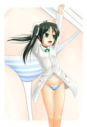 Rule 34 | 00s, 1girl, black hair, choker, fang, francesca lucchini, green eyes, open mouth, panties, solo, stretching, strike witches, striped clothes, striped panties, tk4, twintails, underwear, world witches series, zoom layer