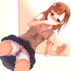 Rule 34 | 1girl, blush, breasts, brown eyes, brown hair, cameltoe, cleft of venus, covering own mouth, crotch rub, faubynet, female masturbation, from below, highres, masturbation, misaka mikoto, panties, pantyshot, pussy juice, pussy juice stain, school uniform, shirt, short sleeves, shorts, shorts under skirt, skirt, small breasts, solo, sweat, sweater vest, table, table humping, tears, toaru kagaku no railgun, toaru majutsu no index, underwear, upskirt, vest, wet, wet clothes, wet panties, wet spot, x-ray
