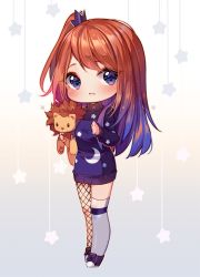 Rule 34 | 1girl, artist name, black sweater, blue hair, blue sweater, boots, brown hair, chibi, commentary, commission, crescent print, crown, english commentary, fishnets, gradient background, gradient hair, grey background, hyanna-natsu, long hair, long sleeves, looking at viewer, mini crown, multicolored hair, hugging object, one side up, original, parted lips, print sweater, purple footwear, single leg pantyhose, single thighhigh, sleeves past wrists, solo, star (symbol), star print, starry background, stuffed animal, stuffed lion, stuffed toy, sweater, thighhighs, thighhighs under boots, turtleneck, turtleneck sweater, very long hair, watermark, white background