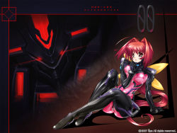 Rule 34 | 00unit, bodysuit, bow, fortified suit, highres, kagami sumika, long hair, mecha, muv-luv, red eyes, red hair, robot, spandex