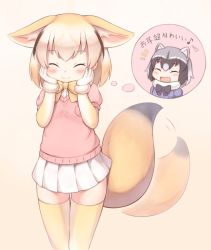 Rule 34 | 10s, 2girls, :d, ^ ^, afterimage, animal ear fluff, animal ears, black hair, black neckwear, blonde hair, blush, bow, bowtie, breast pocket, closed eyes, common raccoon (kemono friends), eighth note, extra ears, closed eyes, fang, fennec (kemono friends), fox ears, fox tail, fur collar, fur trim, gloves, grey hair, hands on own cheeks, hands on own face, kemono friends, matsuu (akiomoi), miniskirt, multicolored hair, multiple girls, musical note, open mouth, pink background, pink sweater, pleated skirt, pocket, raccoon ears, short-sleeved sweater, short hair, short sleeves, skirt, smile, sweater, tail, tail wagging, thighhighs, thought bubble, white gloves, white skirt, yellow legwear, yellow neckwear, zettai ryouiki
