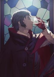Rule 34 | 1boy, aiguillette, alcohol, black cloak, black eyes, black hair, black vest, buttons, cloak, collared shirt, cup, drinking, drinking glass, fate/grand order, fate (series), from side, gloves, hair slicked back, hand up, highres, hijikata toshizou (fate), hilt, holding, holding cup, katana, light particles, long sleeves, looking at object, male focus, profile, red gloves, shirt, short hair, solo, stained glass, sword, teria (teriarian), upper body, vest, weapon, white shirt, wine, wine glass