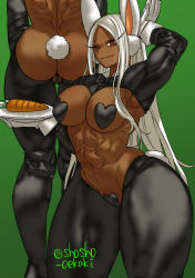 Rule 34 | 1girl, abs, animal ears, ass, boku no hero academia, breasts, cameltoe, dark-skinned female, dark skin, female focus, gloves, heart maebari, heart pasties, highres, large breasts, long hair, maebari, meme attire, mirko, muscular, muscular female, navel, open mouth, pasties, pointing, pointing at viewer, rabbit ears, rabbit girl, reverse bunnysuit, reverse outfit, shosho oekaki, smile, solo, standing, stomach, white hair