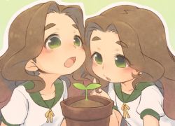 Rule 34 | 2girls, blush, bow, bowtie, brown hair, chestnut mouth, commentary, dual persona, enuma (uma-festival), flat chest, green background, green eyes, green sailor collar, hand up, idolmaster, idolmaster cinderella girls, index finger raised, kusakabe wakaba, long hair, looking at another, multiple girls, open mouth, parted bangs, petite, plant, pointing, potted plant, sailor collar, shirt, short sleeves, thick eyebrows, wavy hair, white shirt, yellow bow, yellow bowtie