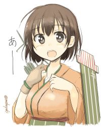 Rule 34 | 10s, 1girl, :o, brown eyes, brown hair, flight deck, hiryuu (kancolle), japanese clothes, kantai collection, looking at viewer, lowres, mashayuki, short hair, simple background, solo, twitter username, upper body, white background