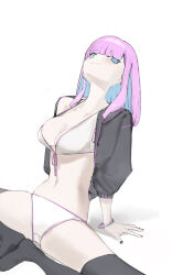 Rule 34 | 1girl, absurdres, bikini, black hoodie, black nails, black socks, blue eyes, blue hair, blunt bangs, breasts, cleavage, closed mouth, collarbone, colored inner hair, commentary, fingernails, front-tie bikini top, front-tie top, highres, hood, hoodie, kneehighs, knees apart feet together, legs, light blue hair, light blush, long bangs, long sleeves, looking at viewer, medium breasts, medium hair, multicolored hair, nail polish, navel, no shoes, original, pink hair, pink pupils, pink trim, pink wristband, simple background, sleeves past elbows, socks, solo, stomach, swimsuit, thighs, two-tone hair, watarumi, white background, white bikini, wristband