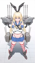 Rule 34 | 1girl, adapted turret, anchor hair ornament, black hairband, black panties, blonde hair, blue sailor collar, blue skirt, cannon, commentary, crop top, crossed arms, elbow gloves, full body, gloves, grey eyes, hair ornament, hairband, highleg, highleg panties, highres, kantai collection, long hair, looking at viewer, machinery, microskirt, miniskirt, panties, pleated skirt, sailor collar, saitama (antitankromeo), shimakaze (kancolle), skirt, solo, standing, striped clothes, striped thighhighs, thighhighs, turret, underwear, white gloves