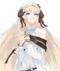 Rule 34 | 1girl, arknights, bare shoulders, beret, blonde hair, blue eyes, closed mouth, commentary, dress, hat, highres, horns, long hair, looking away, looking to the side, maho (drmaho1), nightingale (arknights), off-shoulder dress, off shoulder, own hands clasped, own hands together, simple background, smile, solo, upper body, white background, white dress, white hat