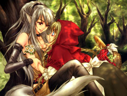 Rule 34 | 2girls, age difference, animal ears, big bad wolf, blonde hair, blue eyes, blush, braid, child, elbow gloves, eye contact, fang, flower, gloves, grey hair, grimm&#039;s fairy tales, highres, lips, little red riding hood, little red riding hood (grimm), long hair, looking at another, monster girl, multiple girls, naughty face, onee-loli, red eyes, sakura shio, tail, thighhighs, wolf ears, wolf tail, yuri