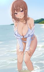 Rule 34 | 1girl, :o, banned artist, bare legs, bare shoulders, bikini, blurry, breasts, brown hair, caustics, cleavage, day, depth of field, frown, gluteal fold, halterneck, hands on own thighs, highres, icomochi, jacket, large breasts, leaning forward, long hair, long sleeves, looking at viewer, natsume (monochrome bunny), navel, off shoulder, open clothes, open jacket, open mouth, original, outdoors, purple eyes, solo, standing, stomach, strap gap, string bikini, swimsuit, thighs, v-shaped eyebrows, wading, water, wet, white bikini, white jacket