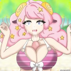 Rule 34 | bikini, blue eyes, breasts, cum, ejaculation, large breasts, moa (show by rock!!), open mouth, paizuri, paizuri under clothes, pink hair, show by rock!!, swimsuit