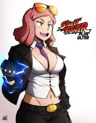 Rule 34 | 1girl, between breasts, boku no hero academia, breasts, cleavage, cosplay, crimson viper, crimson viper (cosplay), crosshair pupils, electricity, eyewear on head, gloves, hatsume mei, highres, kellzallday30, navel, necktie, necktie between breasts, open mouth, pink hair, purple necktie, signature, simple background, solo, street fighter, white background