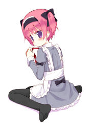 Rule 34 | 1girl, apron, black pantyhose, blush, dress, feet, from behind, full body, hair ribbon, hairband, kneeling, looking back, maid, maid apron, meito (maze), pantyhose, pink hair, purple eyes, ribbon, short hair, short twintails, solo, twintails